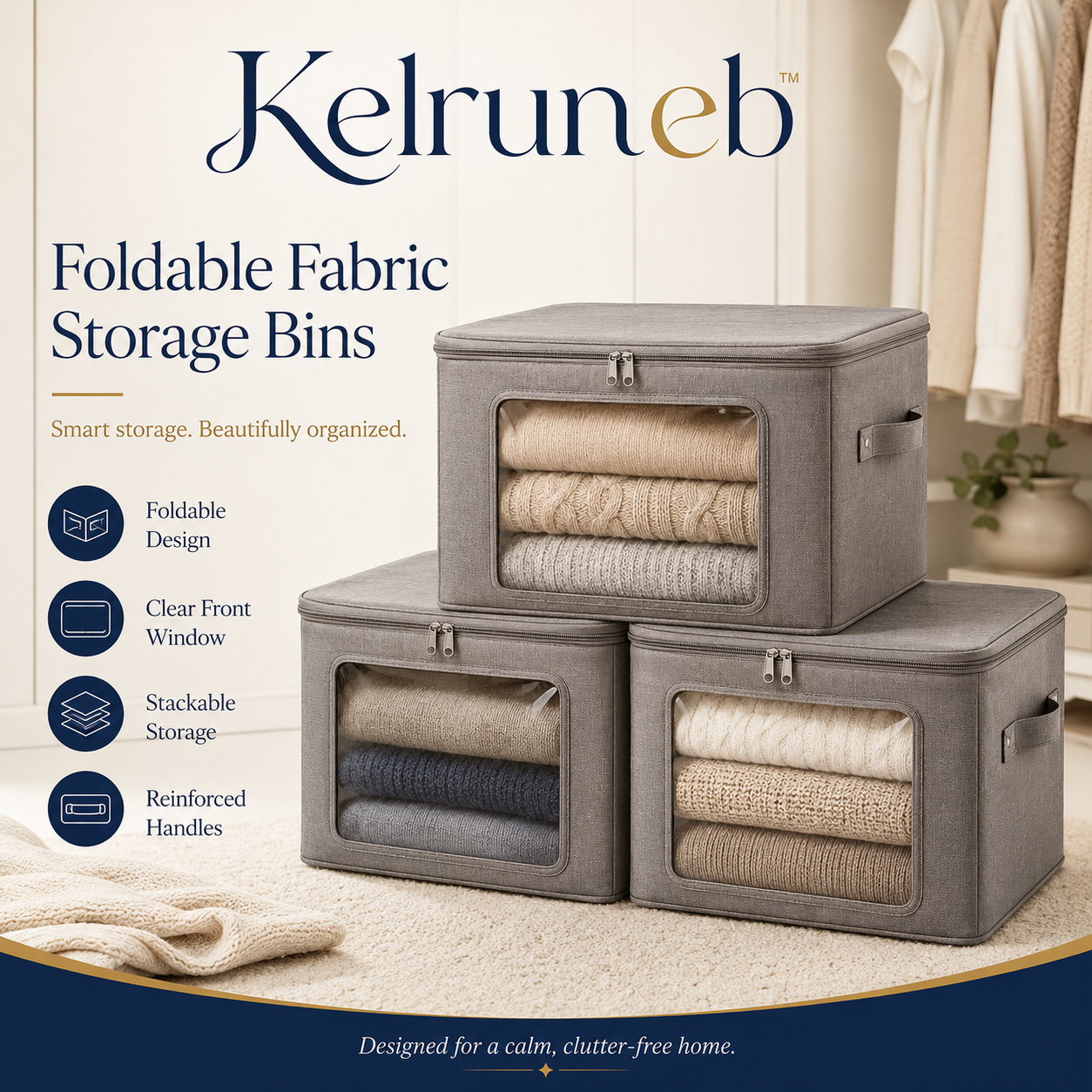 Kelruneb™ Foldable Fabric Storage Bins with Lids – Large Stackable Closet Organizer Boxes with Clear Windows