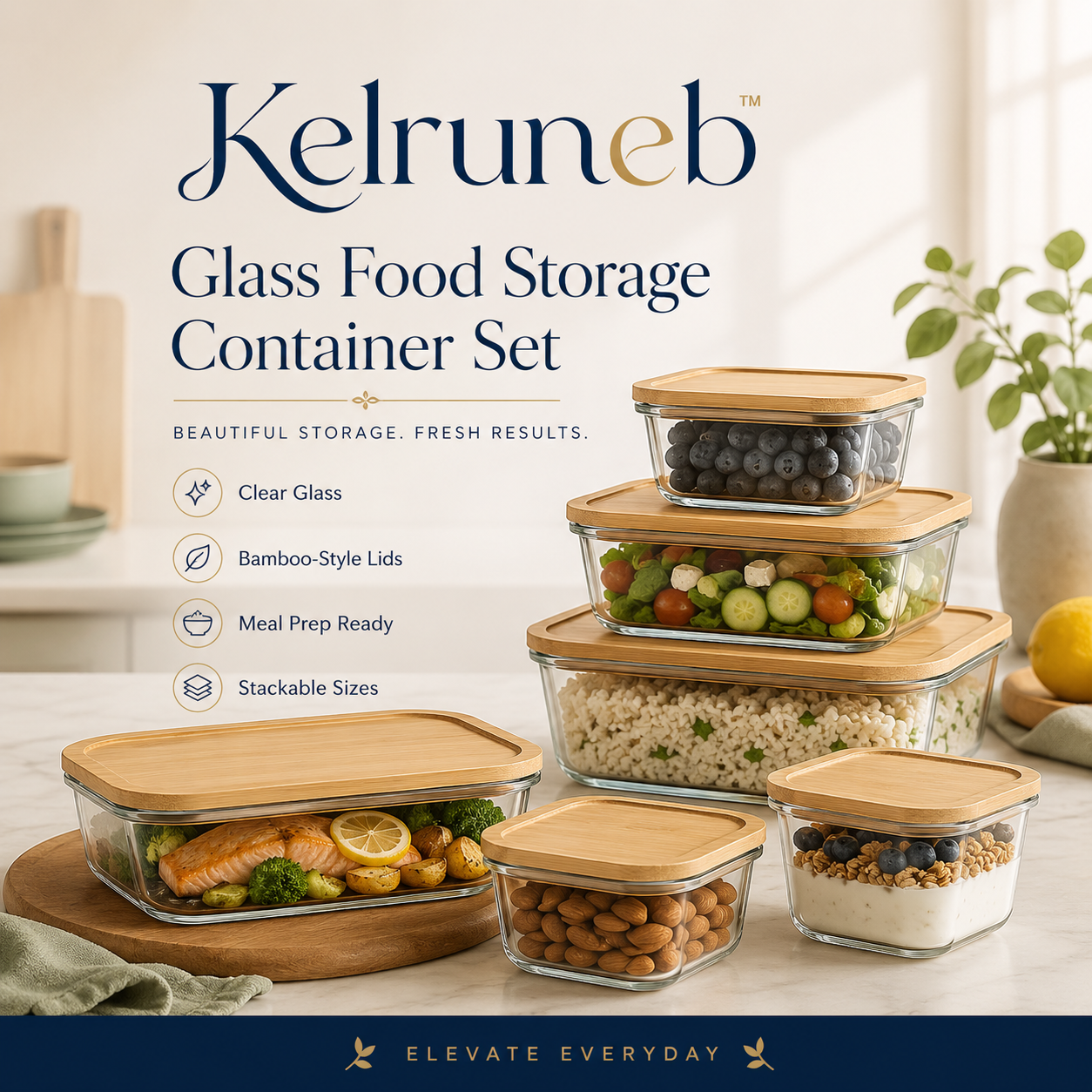Kelruneb™ Glass Food Storage Container Set – Clear Meal Prep Containers with Bamboo-Style Lids