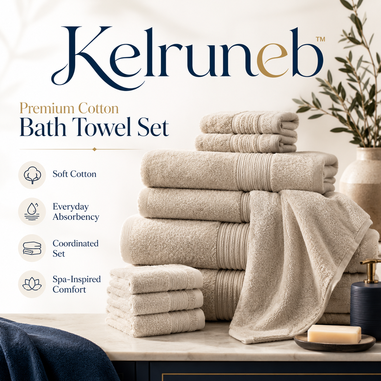 Kelruneb™ Premium Cotton Bath Towel Set – Soft Absorbent Bathroom Towels, Hand Towels and Washcloths