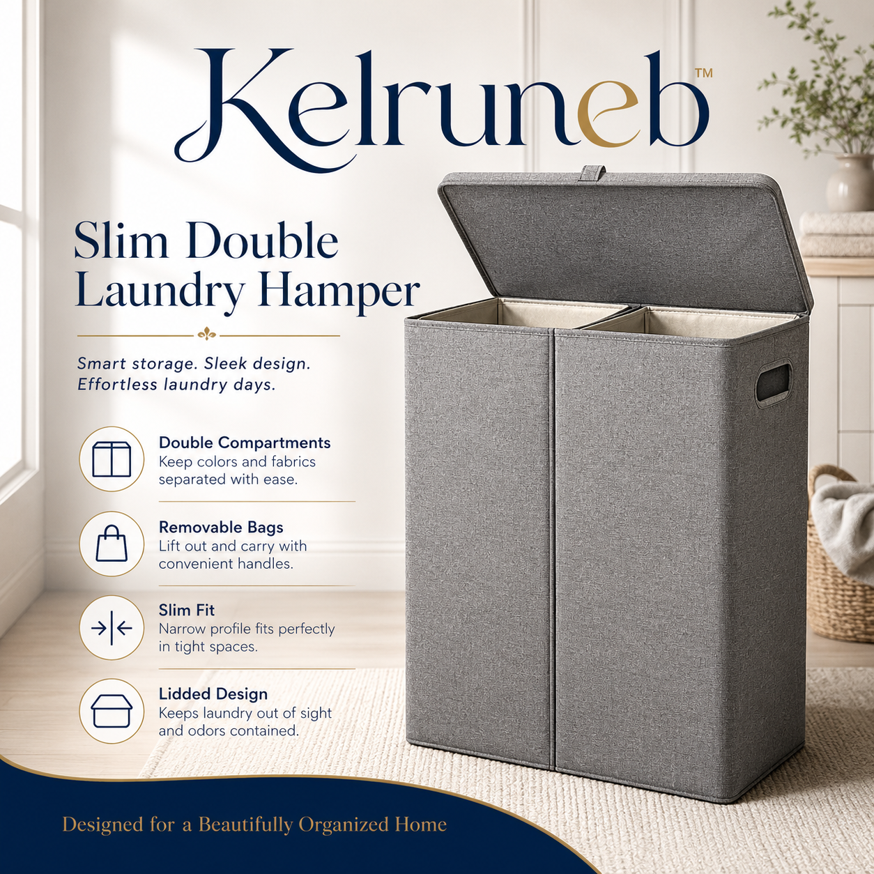 Kelruneb™ Slim Double Laundry Hamper – Two-Section Clothes Sorter with Removable Bags and Lid