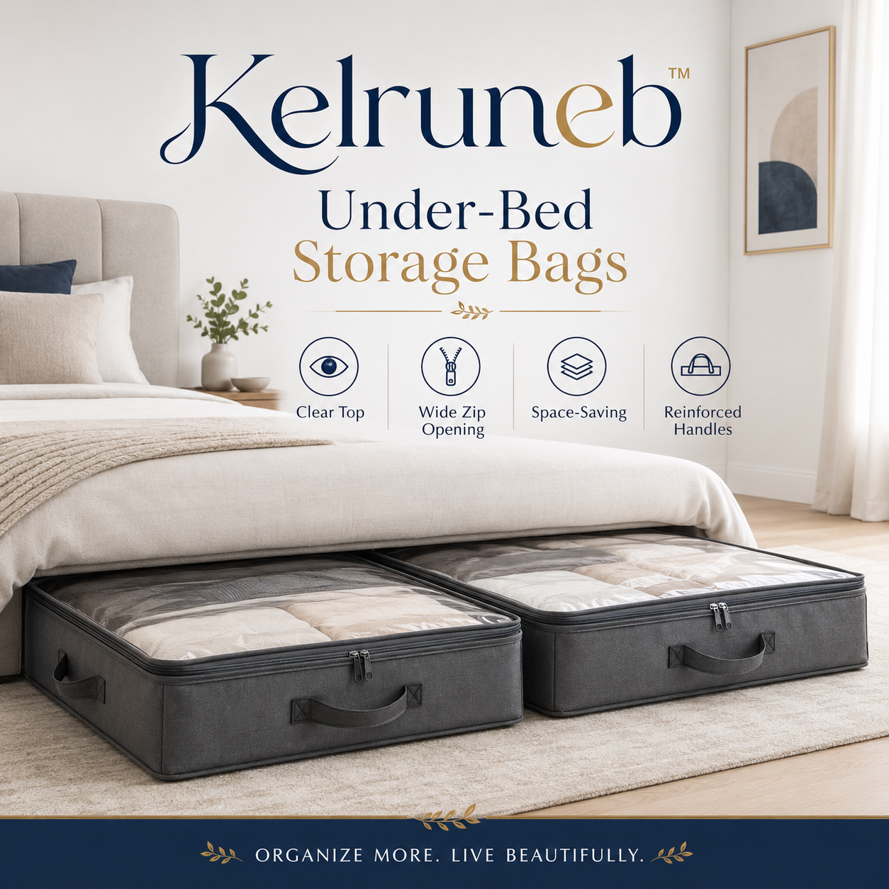 Kelruneb™ Under-Bed Storage Bags with Clear Tops – Large Zippered Organizers for Clothes, Shoes and Bedding