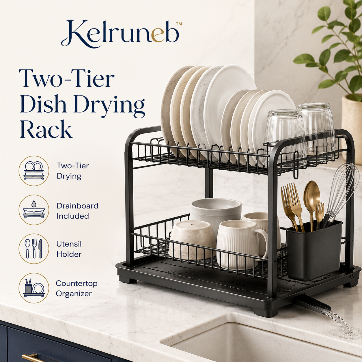Kelruneb™ Two-Tier Dish Drying Rack – Countertop Kitchen Organizer with Drainboard and Utensil Holder