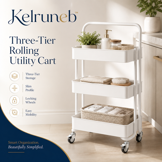 Kelruneb™ 3-Tier Rolling Utility Cart – Slim Mobile Storage Organizer with Handle and Locking Wheels