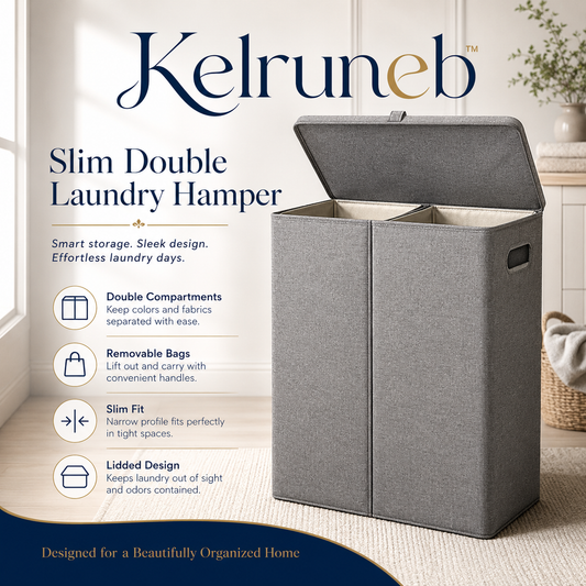 Kelruneb™ Slim Double Laundry Hamper – Two-Section Clothes Sorter with Removable Bags and Lid