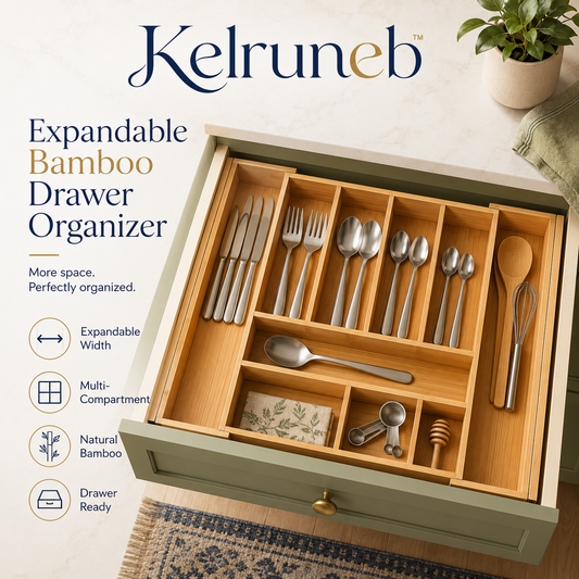 Kelruneb™ Expandable Bamboo Drawer Organizer – Adjustable Kitchen Utensil Tray and Storage Divider