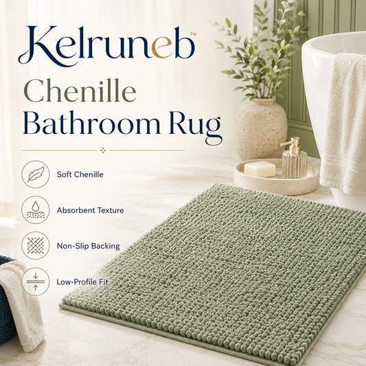 Kelruneb™ Chenille Bathroom Rug – Soft Absorbent Bath Mat with Textured Surface and Non-Slip Backing
