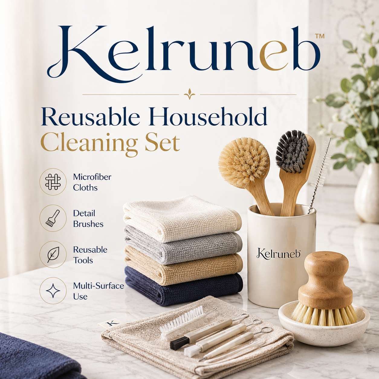 Kelruneb™ Reusable Household Cleaning Set – Microfiber Cloths, Scrub Brushes and Detail Cleaning Tools